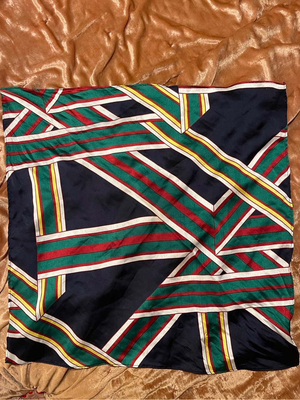 Authentic Vintage Giorgio Armani Silk Geometric Striped Square Scarf Navy